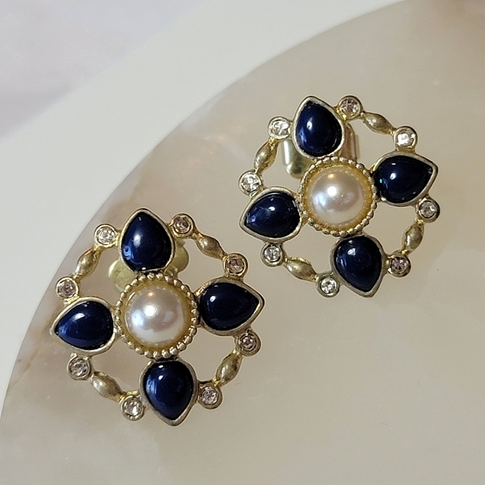 Navy and Gold Faux Pearl and Diamond Earrings NRT Avon